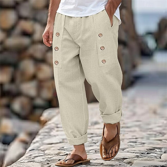 Men's Linen Pants Trousers Summer Pants Buttons Front Pocket Pleats Plain Comfort Breathable Full Length Casual Daily Holiday Fashion Basic Loose Fit Black White #18943684