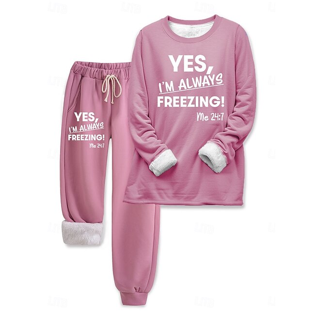 Women's Loungewear Set Pyjamas Fleece Fluffy Long Sleeve Top and Pant Text Print Comfort Casual Home Wear Drawstring Solid Cozy Winter #13130289