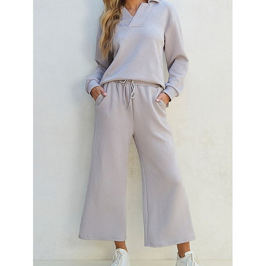 Women's Fashion Streetwear Daily Sweatshirt Sweatpants Wide Leg Pants Long Sleeve Shirt Collar Plain Drawstring Casual Daily Black Navy Blue Gray Spring &  Fall Regular Fit #11028112