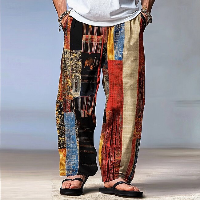 Men's Color Block Patchwork Pants Trousers Mid Waist Drawstring Elastic Waist Hawaiian Casual Outdoor Party Evening Wear Holiday Straight Leg Trousers Summer Spring Fall 3D Print Red Blue Green #11178228