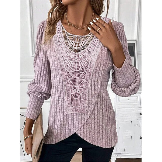 Women's Blouse Dressy Tops Casual Lace Long Sleeve Regular Tops Crew Neck Daily Pink Blue Gray Spring &  Fall #9750588