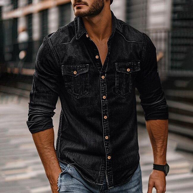 Men's Shirt Chambray Shirt Calico Shirt Button Up Shirt Casual Shirt Denim Shirt Denim Blue Black Dark Navy Blue Long Sleeve Plain Collar Daily Vacation Clothing Apparel Cotton Fashion Casual #16611563