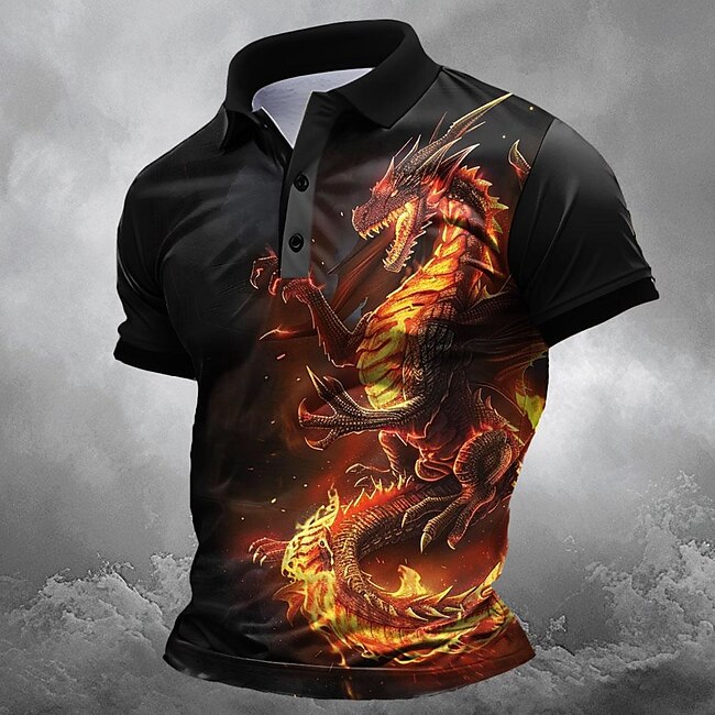 Men's Dragon Polo Shirts Golf Shirt Short Sleeve Polo Shirts Collared Shirts Funny Streetwear Vacation Wear Party Outfits Buttons 3D Print Black Purple Green #17191715