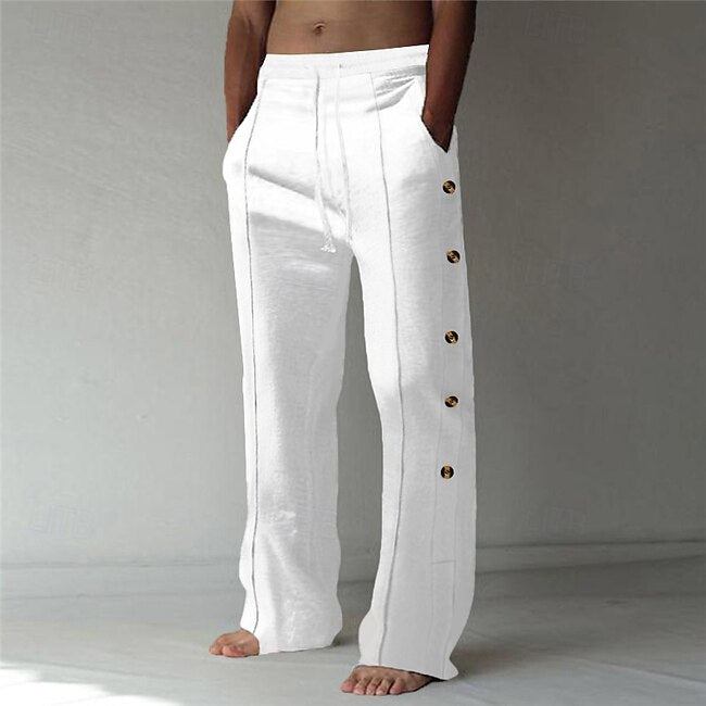 Men's Linen Pants Trousers Summer Pants Beach Pants Elastic Waist Side Button Straight Leg Plain Comfort Breathable Full Length Daily Holiday Beach Fashion Classic Style Black White #15947263