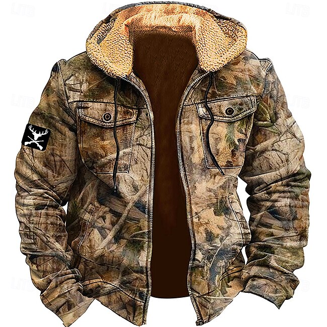 Men's Camo / Camouflage Cowboy Fleece Hoodies Hoodie Hooded Sweatshirt Hooded Daily 3D Print Holiday Streetwear Brown Zipper Pocket Fall Winter Designer #14256710