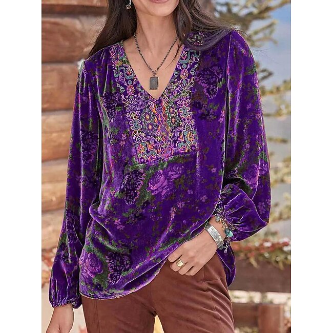 Women's Shirt Boho Shirt Blouse Velvet Basic Floral Print Long Sleeve Regular Tops V Neck Party New Year Yellow Red Purple Gray Spring Fall #9389504