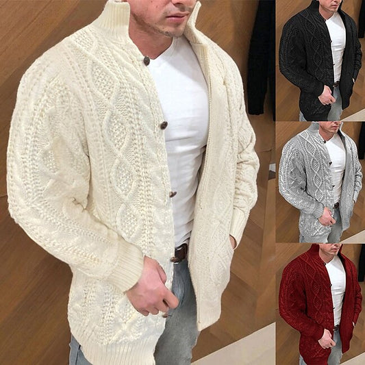 Men's Dress Sweater Cardigan Sweater Cable Knit Knitted Solid Color Stand Collar Stylish Casual Outdoor Home Clothing Apparel Fall Winter Black Red S M L #8855960