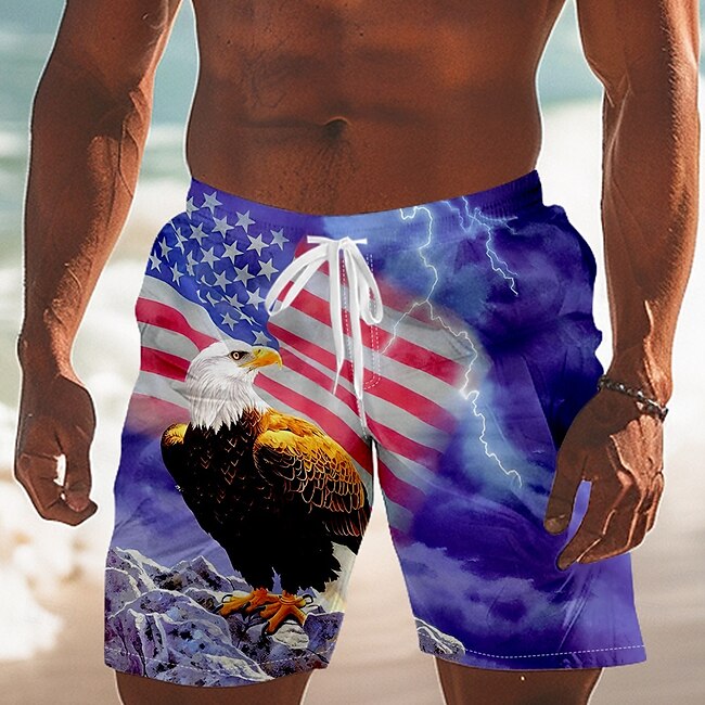 Men's American US Flag Eagle Patriotic Shorts Summer Shorts Beach Shorts Mid Waist Streetwear Hawaiian Casual Vacation Daily Holiday Drawstring Elastic Waist 3D Print Designer Clothing Apparel #10000392