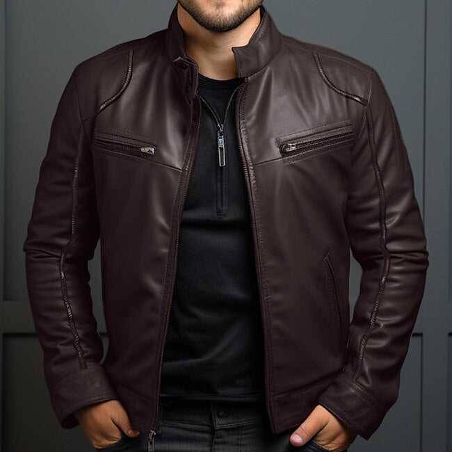 Men's Leather Jacket Biker Jacket Motorcycle Jacket Outdoor Daily Wear Warm Pocket Fall Winter Plain Fashion Streetwear Stand Collar Regular Faux Leather Black Brown Jacket #9671511