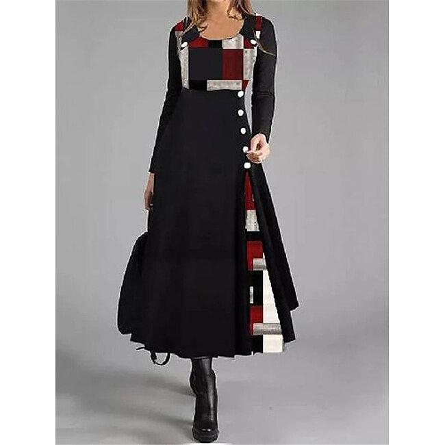 Women's Causal Dress A-Line Dress Geometric Patchwork Button Long Sleeve Round Neck Black Red Work Fall Winter Soft Comfortable Regular #9642478