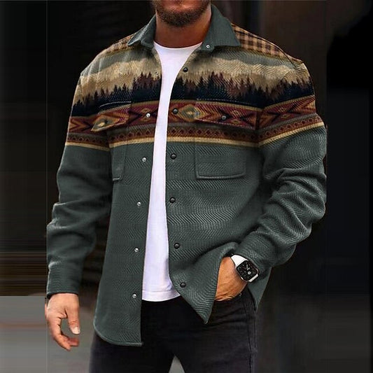 Men's Tribal Geometry Ethnic Shirt Shirt Jacket Overshirt Long Sleeve Vintage Casual Tribal Outdoor Street Casual Daily Fall & Winter Turndown Buttons Pocket Print Blue Brown Gray #9693987