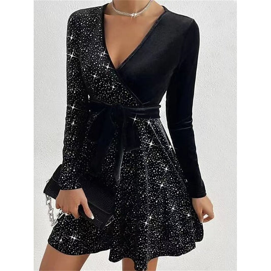 Women's Black Dress Velvet Dress Sequin Dress Velvet Sequins Glitter V Neck Long Sleeve Mini Dress Winter Dress Black Red Fall Winter #9664610