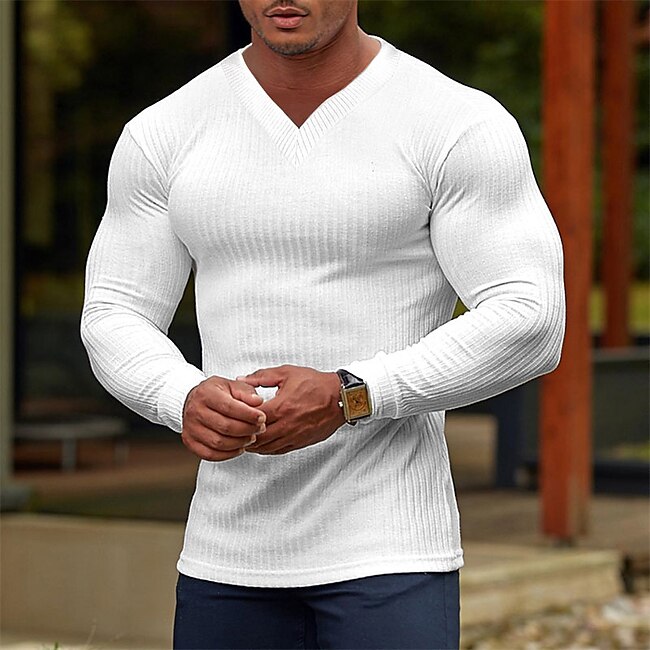 Men's T shirt Tee Ribbed Knit tee Tee Top Plain Pit Strip V Neck Street Vacation Long Sleeve Clothing Apparel Polyester Fashion Designer Basic #9621981