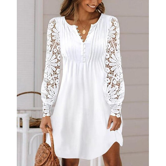 Women's White Dress Mini Dress Lace Button Date Vacation Elegant Split Neck Long Sleeve Lantern Sleeve Black White Red Color #16598011