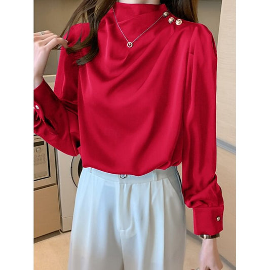 Women's Shirt Blouse Basic Casual Solid Color Regular Tops Long Sleeve Turtleneck Ruched Regular Fit Daily White Red Blue Summer Spring Fall #18686053