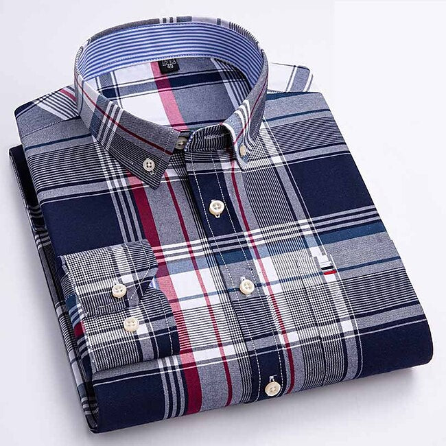 Men's Dress Shirt Button Down Shirt Non Iron Shirt Oxford Shirt Stripes and Plaid Wedding Vacation grey blue Red Blue Brown Long Sleeve Turndown All Seasons Clothing Apparel Button-Down #9531542