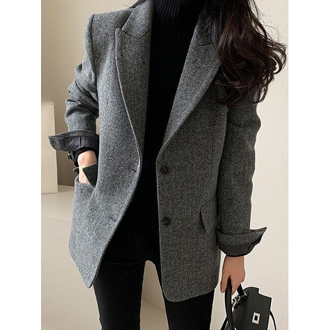 Women's Blazer Warm Breathable Patchwork Pocket OL Style Modern Solid Color Office / Career Going out Regular Turndown Regular Fit Long Sleeve Outerwear Brown Grey Fall Winter #13278189