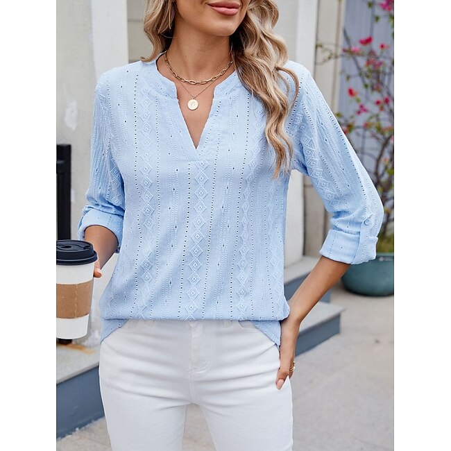 Women's Shirt Blouse Basic Casual Solid Color Regular Tops Long Sleeve V Neck Eyelet Regular Fit Daily Black White Blue Spring Fall #12766157