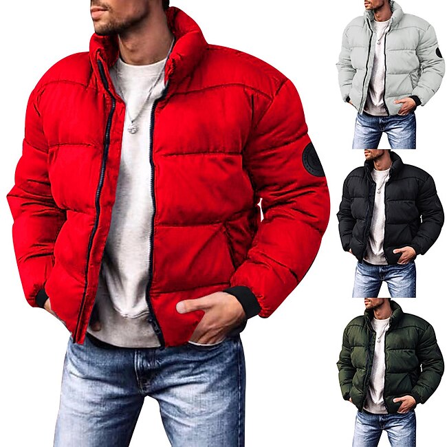 Men's Winter Coat Winter Jacket Puffer Jacket Cardigan Pocket Zipper Pocket Going out Casual Daily Hiking Windproof Warm Winter Pure Color Black Red Light Grey Army Green Puffer Jacket #9398074