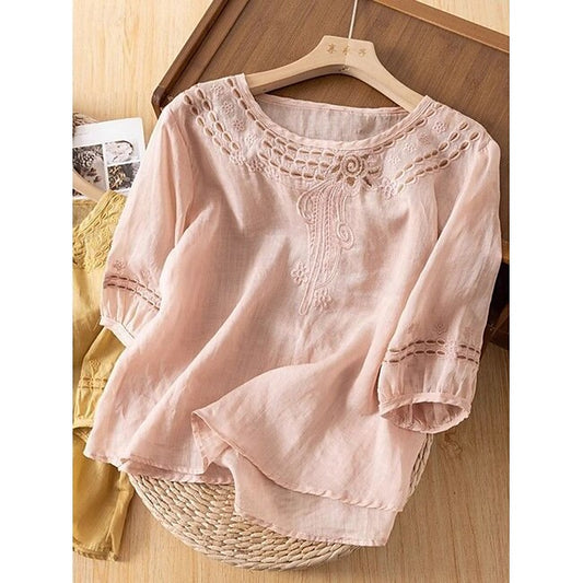 Women's Shirt Blouse Basic Casual Solid Color Regular Tops 3/4 Length Sleeve Crew Neck Lace Patchwork Regular Fit Daily Yellow Pink Green Summer #18677090