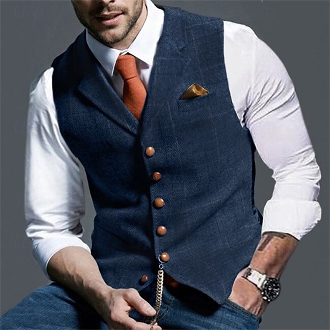 Men's Vest Waistcoat Daily Wear Going out Vintage Fashion Spring &  Fall Button Polyester Comfortable Plain Single Breasted V Neck Regular Fit Deep Green Navy Dark Gray Light Grey Vest #9616105