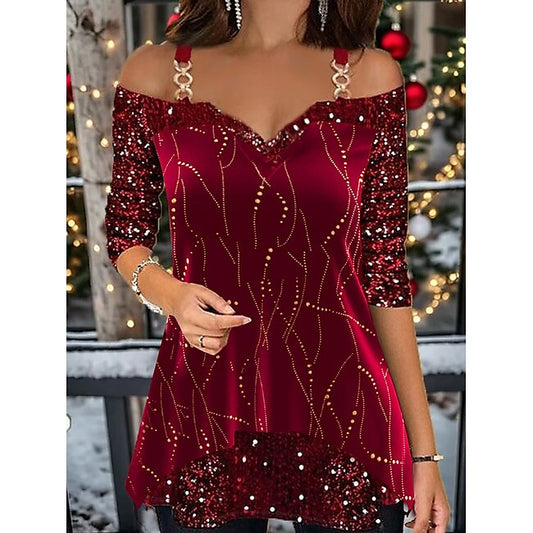 Women's Shirt T Shirt Blouse Shirt Velvet Festival / Holiday Striped Sparkly Sequins Print Cold Shoulder Long Sleeve Regular Tops V Neck Party Weekend Wine Gold Spring &  Fall #9703191