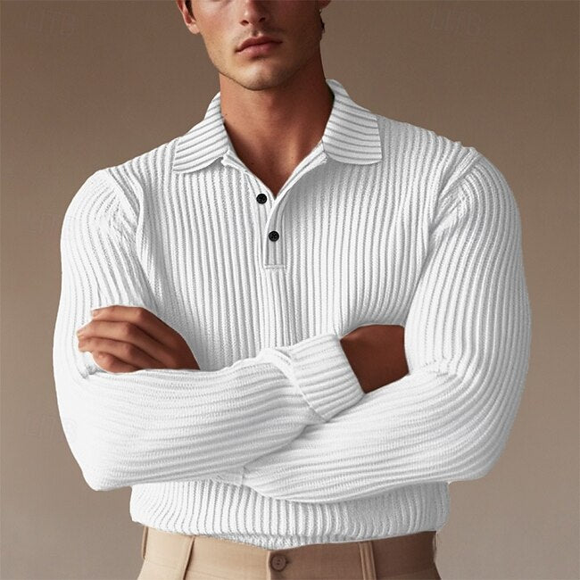 Men's Polo Shirt Golf Polo Formal Work Ribbed Polo Collar Long Sleeve Warm Basic Solid Color Button Spring Fall Black White Yellow Navy Blue Green Light Grey Polo Shirt #14272877