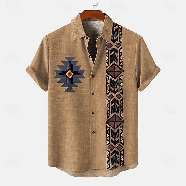 Men's Shirt Linen Shirt Ethnic Shirt Ethnic Vacation Daily Green khaki Beige Short Sleeve Turndown Summer Spring Clothing Apparel #15654848