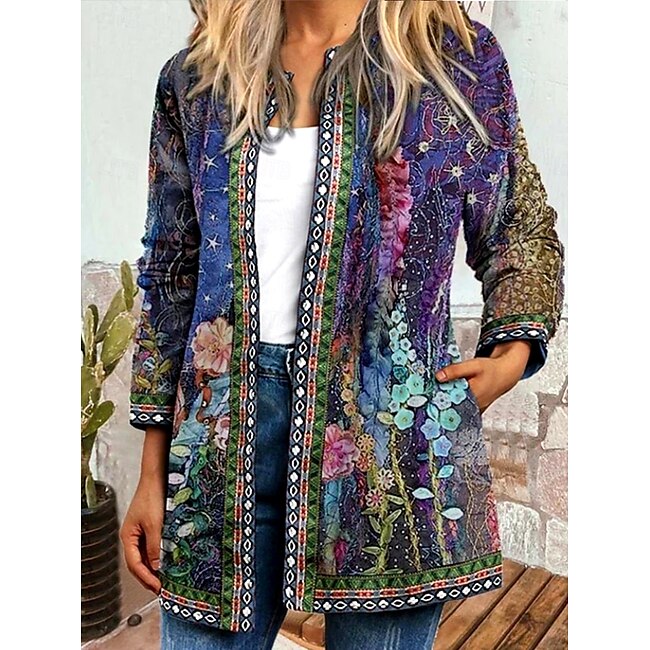 Women's Jacket Dailywear Square Neck Print Floral Casual / Daily Vintage Loose Fit Outerwear Long Sleeve Spring Ocean Blue S #14089322