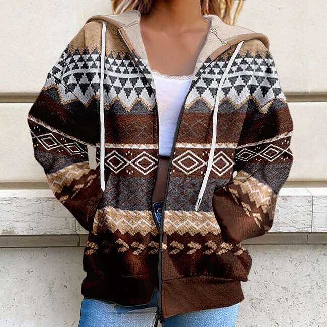 Women's Oversized Zip Up Hoodie Sweatshirt Fleece Tribal Casual Sports Print Zip Up Front Pocket Sportswear Ethnic Comfrt Hoodie Long Sleeve Top Micro-elastic  Comfrt Breathable Soft Fabric #9736208