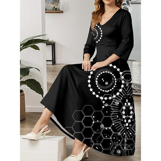 Women's Casual Dress A Line Dress Casual Geometric Midi Dress 3/4 Length Sleeve V Neck Print Regular Fit Daily Black Summer Spring Fall #13104168