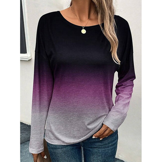 Women's T Shirt Fashion Casual Color Gradient Regular Tops Long Sleeve Round Neck Print Regular Fit Daily Weekend Red Blue Purple Gray Spring &  Fall #11817070