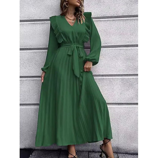 Women's Normal Elegant Dress Elegant Plain Maxi Dress Long Sleeve V Neck Patchwork Regular Fit Work Daily Black Red Green Spring Fall Winter #10563316