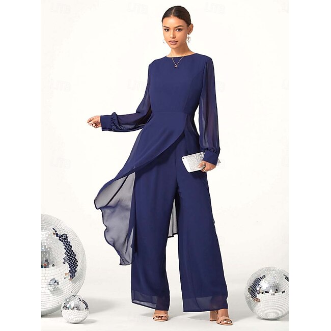 Women's Jumpsuit Elegant Navy Blue Long Sheer Sleeve Wide Leg Chic Evening Party Wear Round Neckline Spring Summer Fall Clothing Apparel #11010071