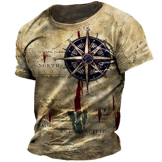 Men's Graphic Nautical Compass T shirt Tee Distressed T Shirt Short Sleeve T shirt 3D Print Crew Neck Shirt Vintage Fashion Designer Outdoor Casual Daily Khaki Spring & Summer Clothing Apparel S M L #9495964