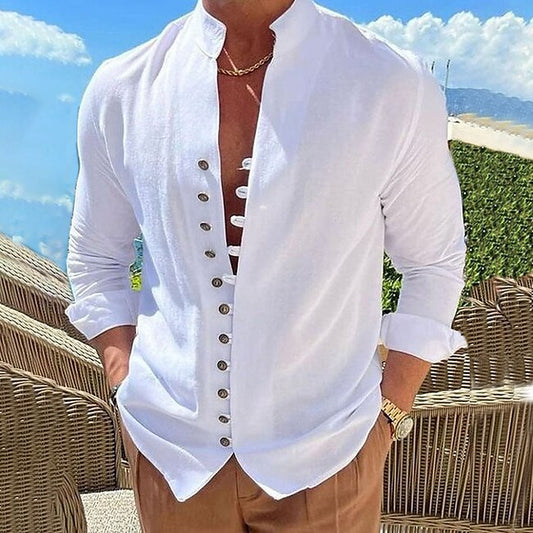 Men's Shirt Linen Shirt Summer Shirt Elegant Button Up Shirt Casual Shirt Black White Pink Blue Long Sleeve Plain Band Collar Summer Spring &  Fall Daily Vacation Clothing Apparel #9522966