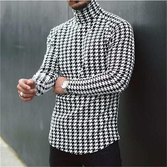 Men's T shirt Tee Turtleneck shirt Long Sleeve Shirt Plaid Houndstooth Rolled collar Casual Holiday Long Sleeve Clothing Apparel Lightweight Muscle Slim Fit Essential #8864762