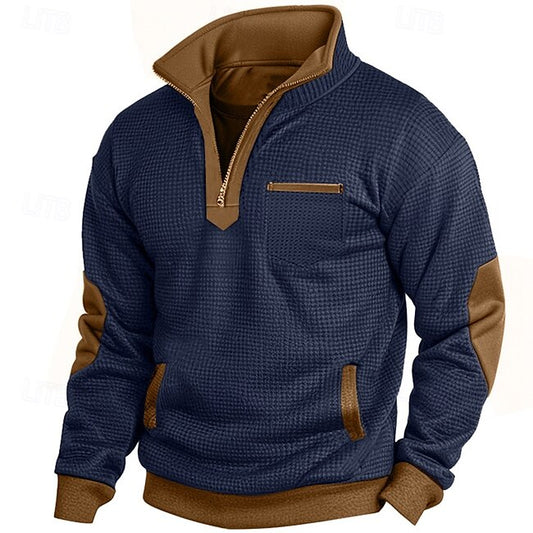 Men's Waffle Sweatshirt Zip Up Sweatshirt Pullover Black Navy Blue Half Zip Plain Pocket Work Sports & Outdoor Casual Polyester Active Vintage Cool Spring Fall Clothing Apparel Hoodies Sweatshirts  #15476832