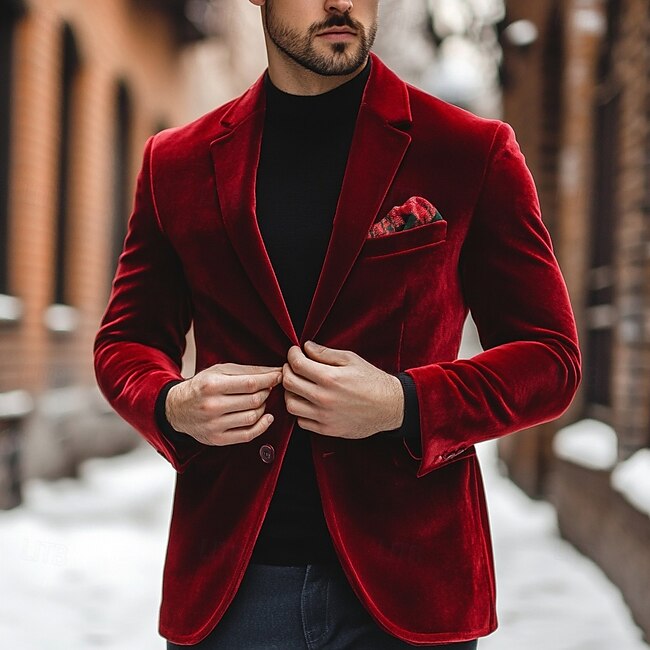 Red Men's Velvet Blazer Jacket Casual Daily Pocket Warm Winter Spring & Fall Corduroy Solid Color Pocket Single Breasted One-button Blazer #11942751