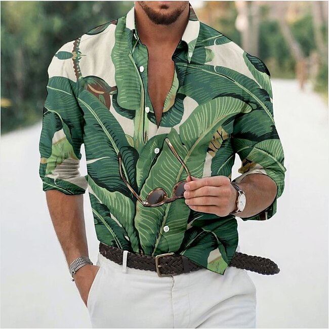 Men's Leaves Tropical Plants Shirt Summer Hawaiian Shirt Aloha Shirt Long Sleeve Shirt Turndown Fashion Designer Casual Vacation Daily Holiday Light Green Pink Dark Green 3D Print S M L #8968861