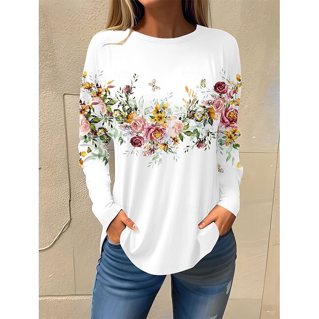 Women's T Shirt Basic Floral Print Long Sleeve Regular Tops Round Neck Holiday Weekend White Pink Red Navy Blue Blue Fall & Winter #9627904