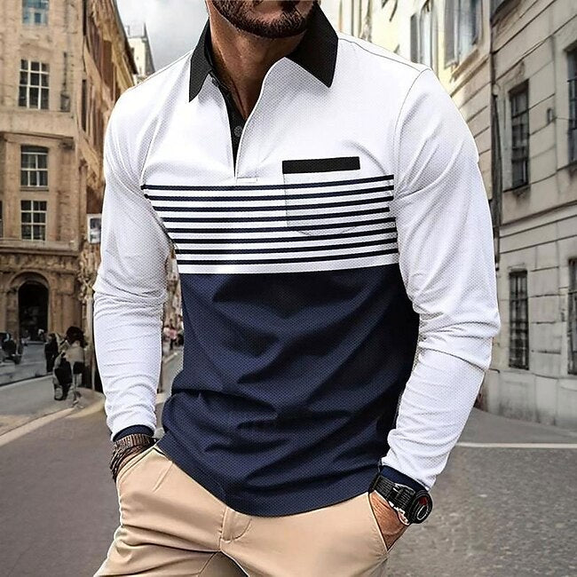 Men's Geometric Polo Shirts Golf Polos Shirts Long Sleeve Polo Shirts Collar Casual Party Evening Wear Dailywear Vacation Buttons 3D Print Black And White #15330741