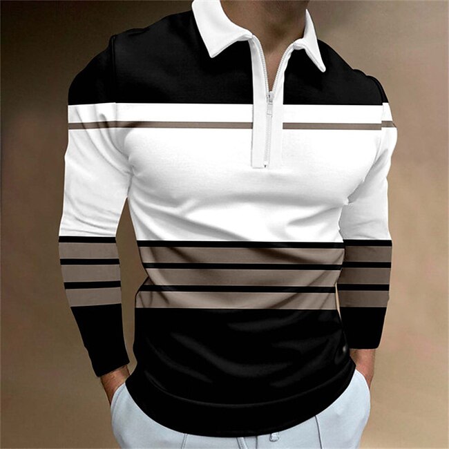 Men's Striped Zip Polo Shirts Golf Shirt Long Sleeve Polo Shirts Collared Shirts Business Casual WorkWear Formal Wear Festival Wear 3D Print Quarter Zip Polo Black White Khaki #9438936