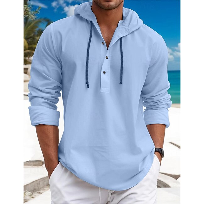 Men's Shirt Linen Shirt Calico Shirt Summer Shirt Beach Wear Plain Vacation Curise White Blue Brown Green Long Sleeve Hooded Spring & Summer Clothing Apparel #9622381