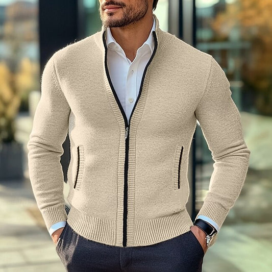 Men's Sweater Cardigan Zip Sweater Ribbed Chunky Knit Regular Zipper Pocket Solid Color Stand Collar Knitwear Elegant Home Work Clothing Apparel Bishop Sleeve Spring Fall Wine Red Black M L XL #18171875