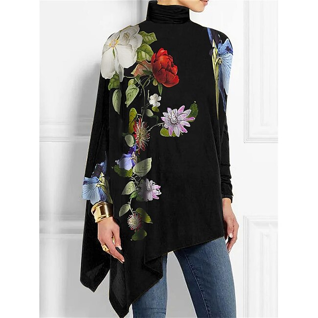 Women's T Shirt Fashion Floral Long Tops Long Sleeve High Neck Print Asymmetrical Regular Fit Holiday Weekend Black Yellow Red Blue Purple Spring &  Fall #9755093