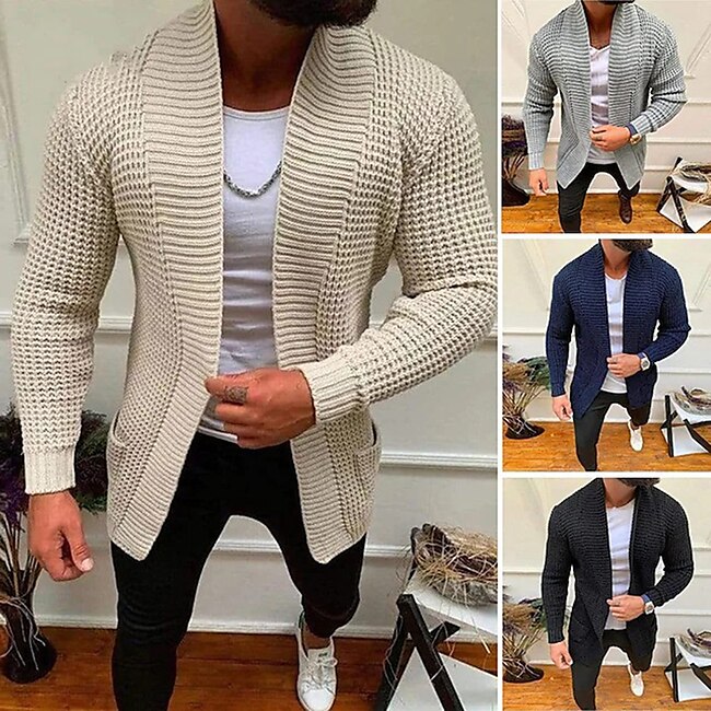 Men's Cardigan Sweater Fall Sweater Ribbed Regular Plain Open Front Warm Ups Modern Contemporary Daily Wear Going out Clothing Apparel Winter Black Blue M L XL #9664319