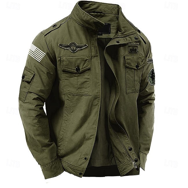 Men's Cotton Embroidered Military Jacket with Shoulder Straps Long Sleeve Standing Collar Multi-Pockets Trucker Jacket US Flag Print Tactical Outerwear #12779469