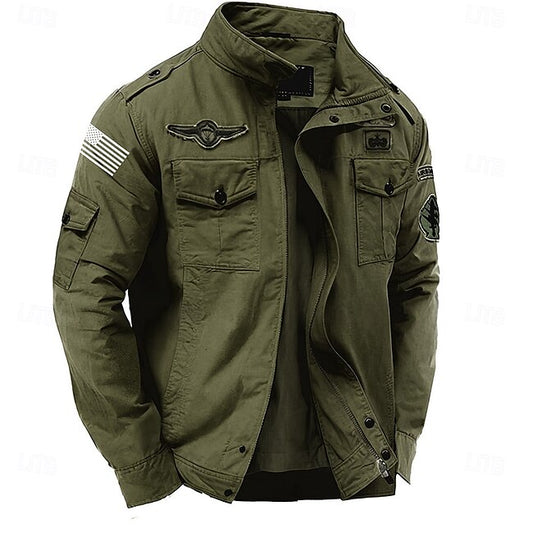 Men's Cotton Embroidered Military Jacket with Shoulder Straps Long Sleeve Standing Collar Multi-Pockets Trucker Jacket US Flag Print Tactical Outerwear #12779469