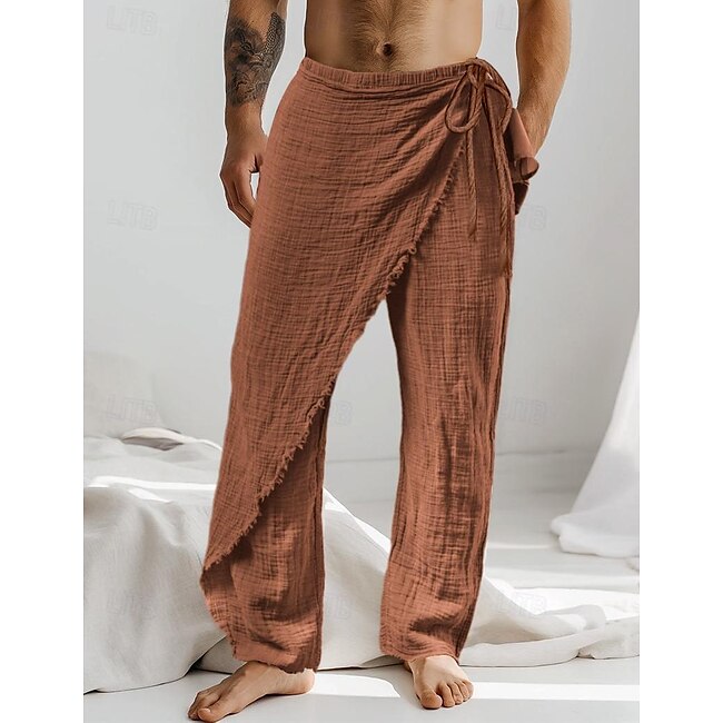 Men's Linen Pants Trousers Summer Pants Drawstring Elastic Waist Straight Leg Plain Comfort Breathable Full Length Casual Daily Holiday Fashion Classic Style White Brown #17699746